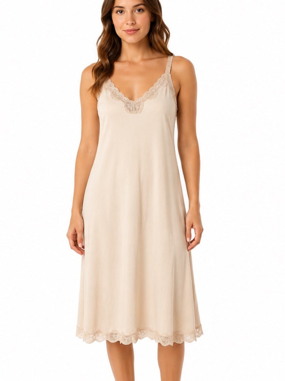 Vintage Bendon Bodywear Beige Lace Full Slip Nightgown Size 16/38 XL Long